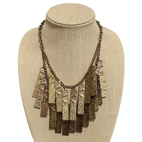 Vintage Gold Tone Textured Tag Drop Necklace Statement Double Layer 20.5” - Picture 2 of 7